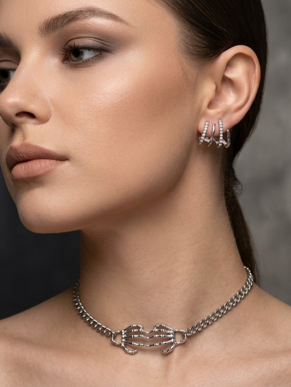 Hand Crafted Silver Tone Skeleton Hands Rhinestone Earrings And Necklace Chocker